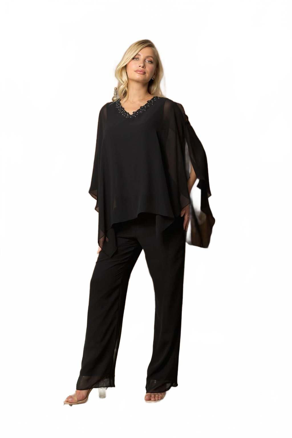 Two-Piece Formal Cold Shoulder Cape Pant Set By LA Merchandise LAV3463 - - Pant Suit LAV