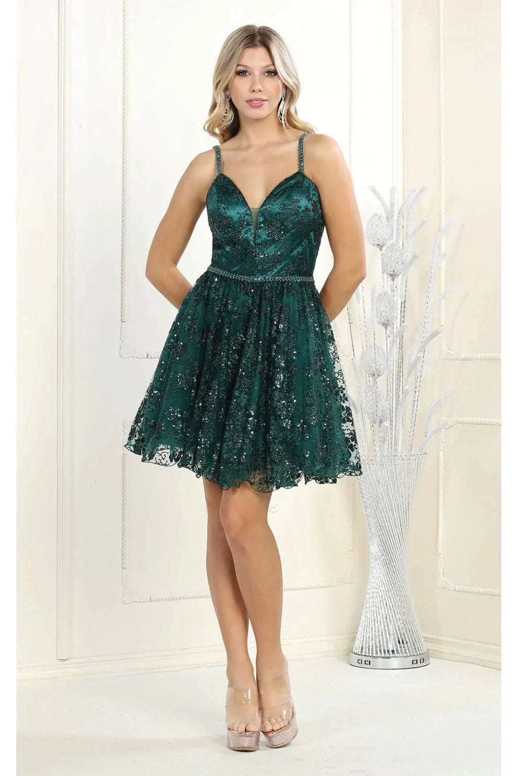 La Merchandise LA1965 Short Glitter Spaghetti Strap Hoco Dress - HUNTER GREEN - LA Merchandise