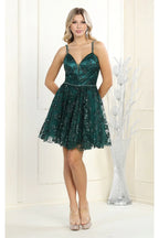 La Merchandise LA1965 Short Glitter Spaghetti Strap Hoco Dress - HUNTER GREEN - LA Merchandise