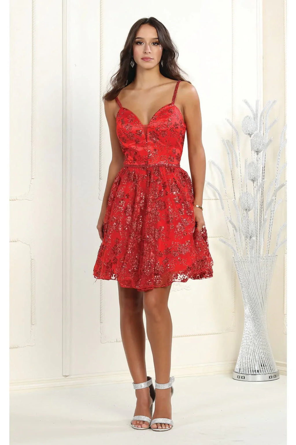 La Merchandise LA1965 Short Glitter Spaghetti Strap Hoco Dress - RED - LA Merchandise