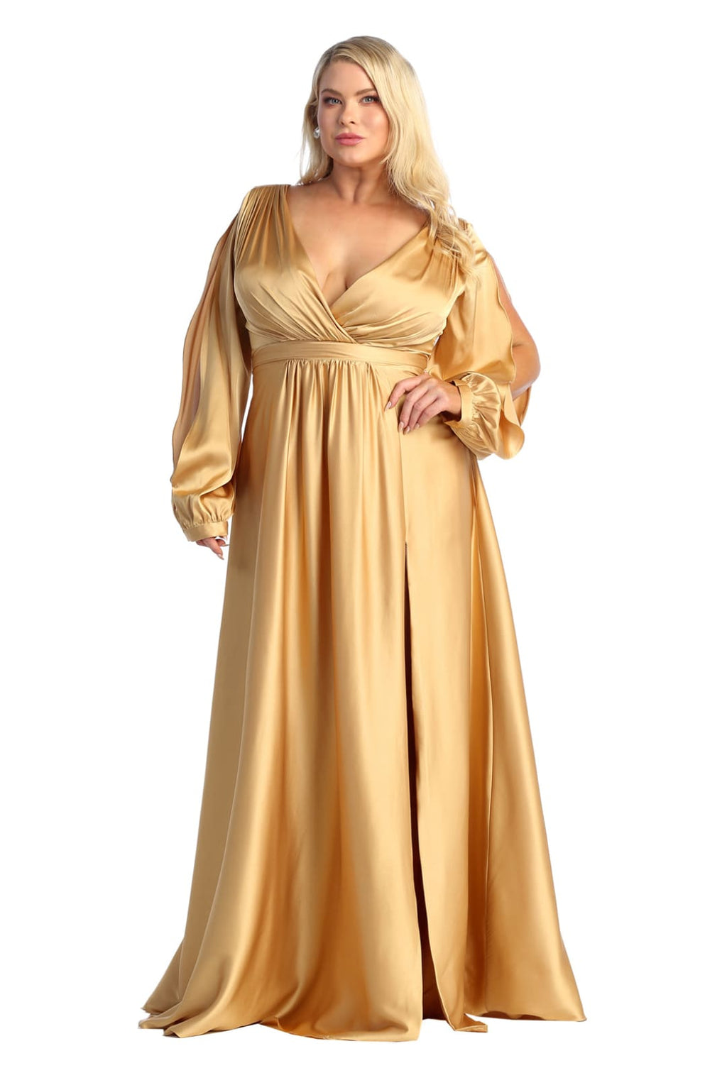 La Merchandise LA1857 Split Long Sleeve V-Neck Bridesmaid Dress - GOLD - LA Merchandise