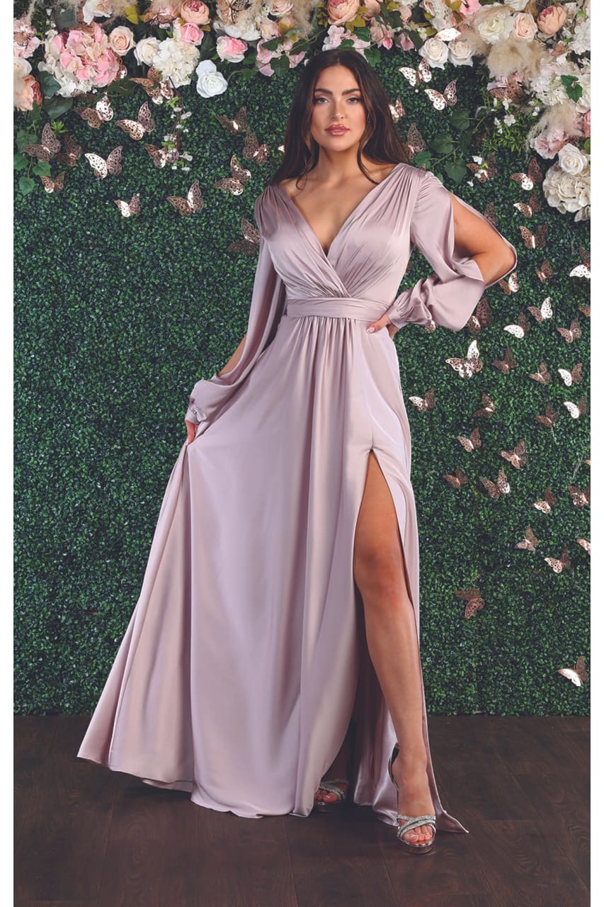 La Merchandise LA1857 Split Long Sleeve V-Neck Bridesmaid Dress - MAUVE - LA Merchandise