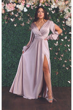 La Merchandise LA1857 Split Long Sleeve V-Neck Bridesmaid Dress - MAUVE - LA Merchandise