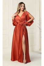 La Merchandise LA1857 Split Long Sleeve V-Neck Bridesmaid Dress - RUST - LA Merchandise