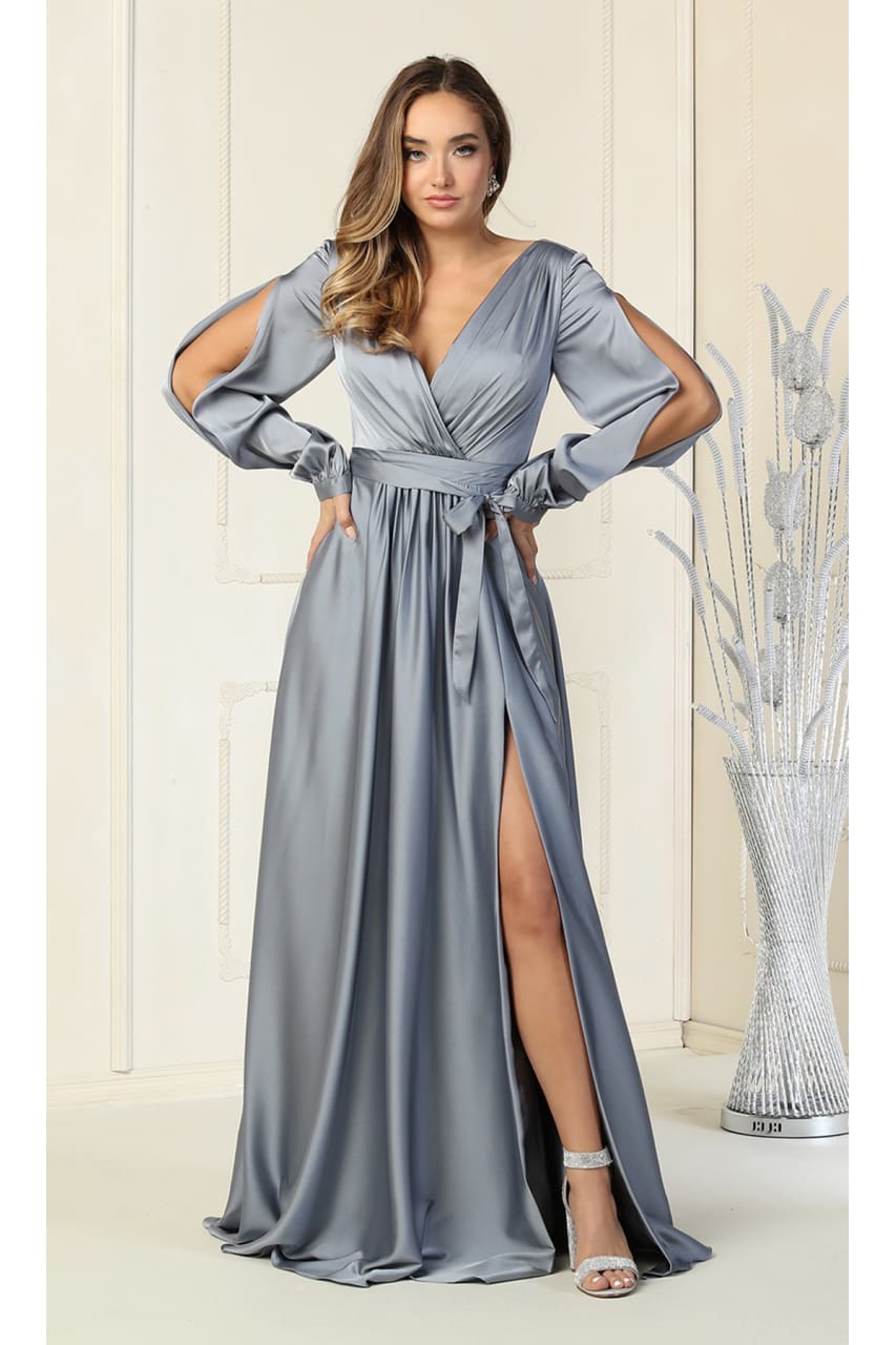 La Merchandise LA1857 Split Long Sleeve V-Neck Bridesmaid Dress - DUSTY BLUE - LA Merchandise
