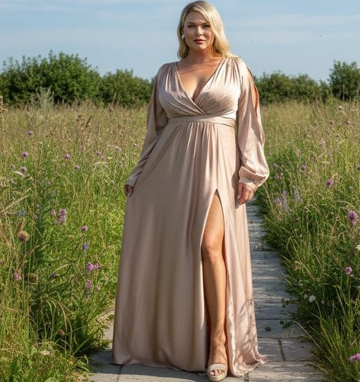 La Merchandise LA1857 Split Long Sleeve V-Neck Bridesmaid Dress - MOCHA - LA Merchandise